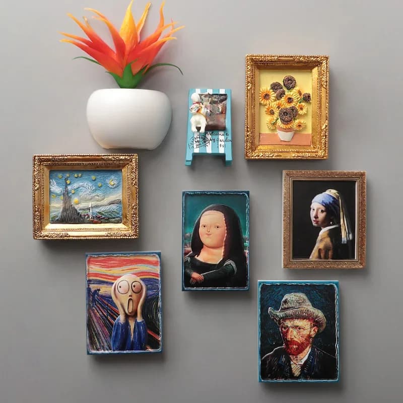 Mona Lisa réfrigérateur autocollants magnétiques van gogh tournesol peintures de renommée mondiale 3d réfrigérateur aimants décoration de la maison collection