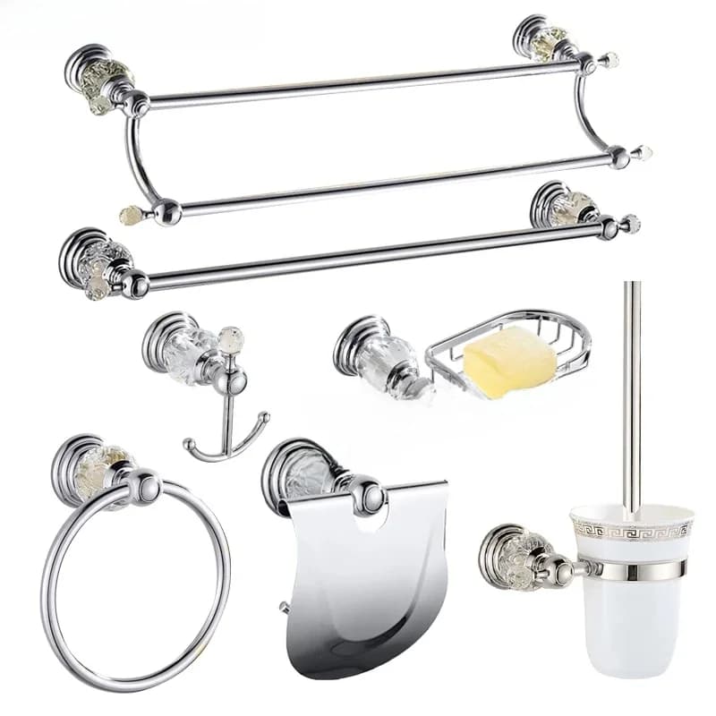 Ensemble d'accessoires de salle de bain de luxe en cristal argenté, ensemble de matériel de salle de bain en laiton chromé poli, produits de salle de bain à fixation murale, Banheiro
