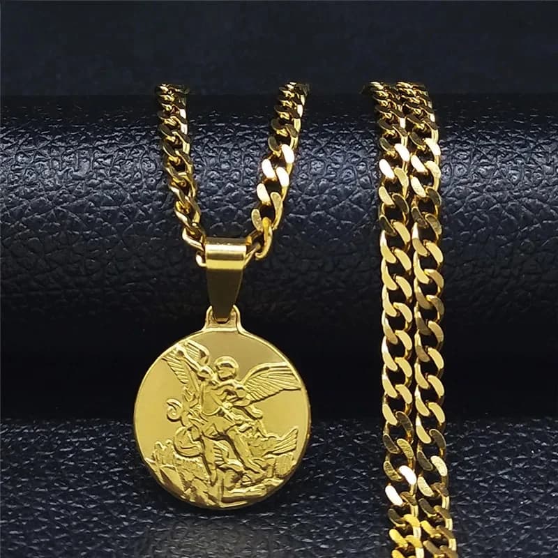 Collier chaîne en acier inoxydable Archange Saint Michel pour femmes/hommes, pendentif couleur or, bijoux, Colier Homme NK62S02