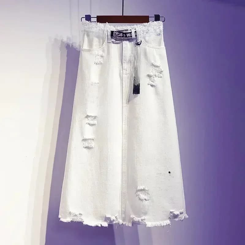 Jupe longue en denim blanc pour femme, surdimensionnée, grande taille, lettre imprimée, style coréen, mode, nouveau, 2025