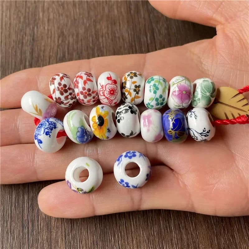15 pièces 9*15mm bricolage artisanat en céramique grand trou motif de fleur perles d'espacement pour la fabrication de bracelets et de colliers découverte