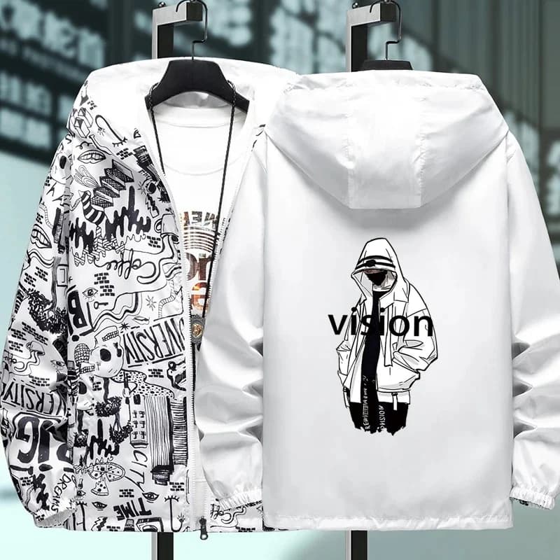 Veste à Capuche Imprimée Graffiti pour Homme, Coupe-Vent, Réversible, Grande Taille, Nouvelle Collection
