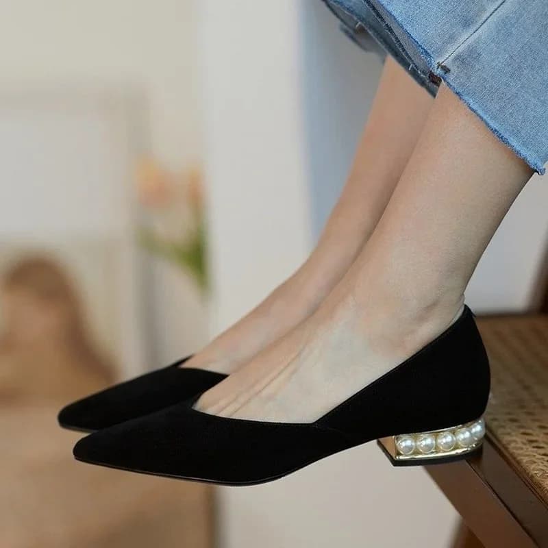 chaussure talon shoes luxury chaussure de luxe femme Comemore – escarpins d'été à talons bas et perles pour femmes, chaussures à enfiler, ballerines, robe de bureau, Faux daim, mocassins en cuir pour