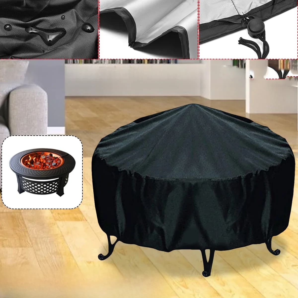 Couverture de fosse à feu de Patio imperméable noir protecteur UV Grill BBQ abri de jardin extérieur cour couverture de barbecue ronde couverture de canopée housses de meubles