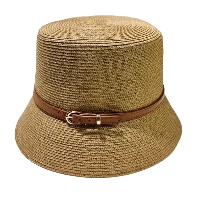 Chapeau de plage en paille pour femme, casquette de soleil, protection UV, dessus plat, décoration de ceinture, été, voyage Derby, femme, E27