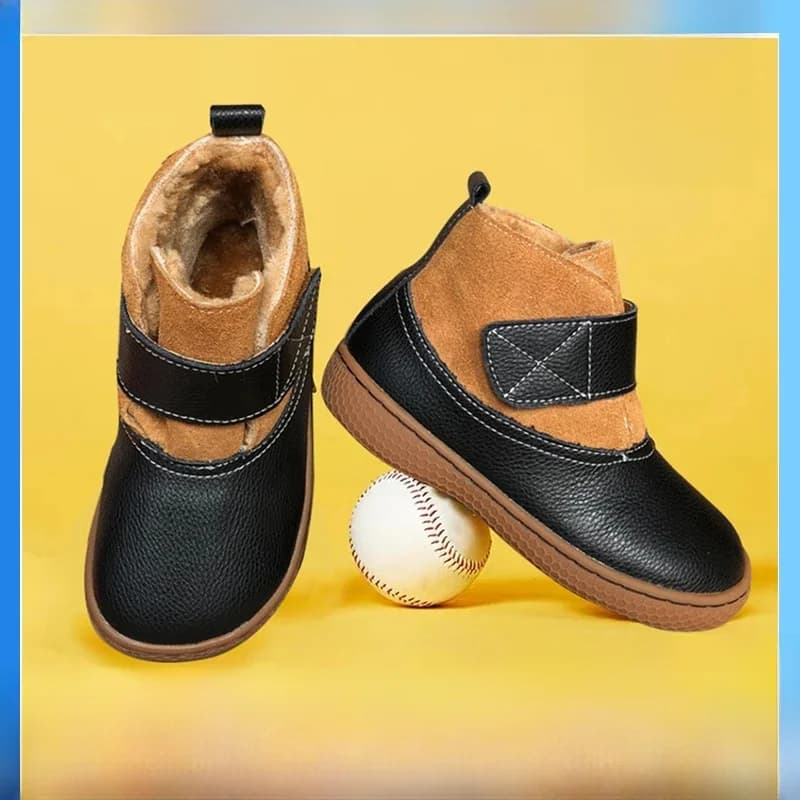PEKNY BOSA-Bottes de neige en cuir véritable pour enfants, chaussures chaudes pour garçons et filles, pieds nus, fond souple, orteils larges, hiver