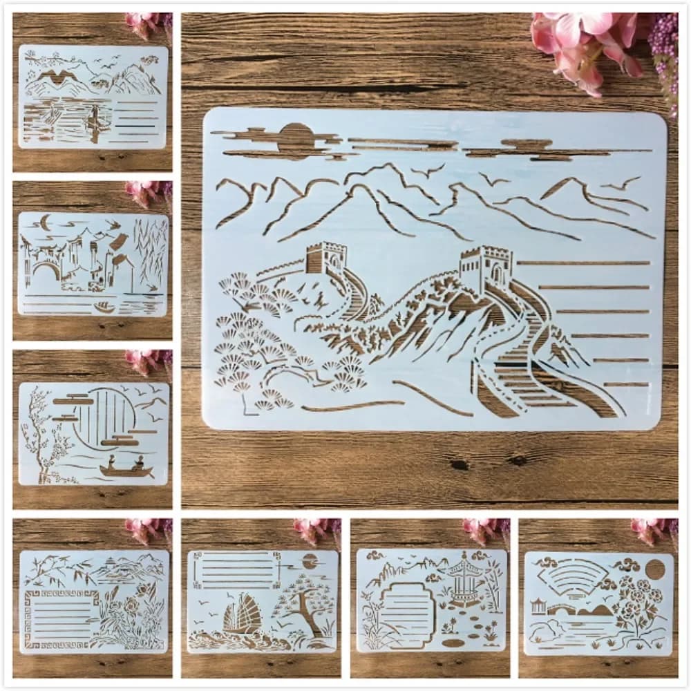 Pochoirs de superposition de la grande muraille traditionnelle chinoise, peinture de bricolage, scrapbooking, coloriage, gaufrage, modèle de décor d'album, A4, 8 pièces