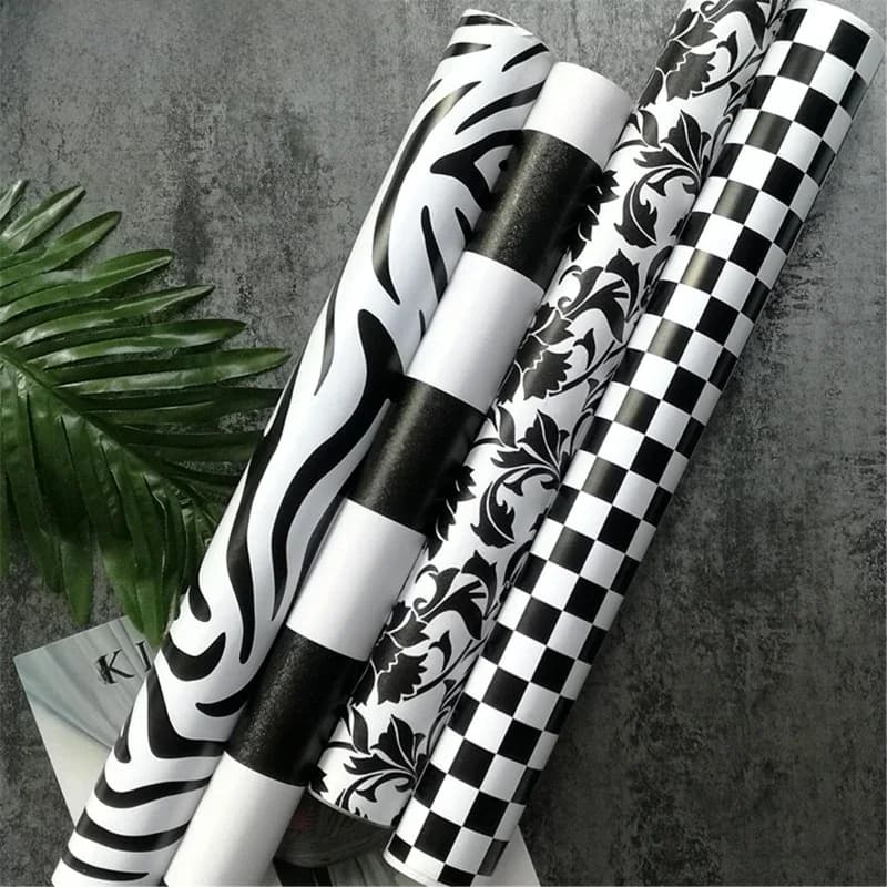 Papier peint auto-adhésif moderne en PVC à rayures noires et blanches, autocollant mural de Contact pour décor de meubles de cuisine et de salle de bains