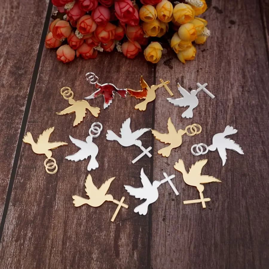 50 pcs/Lot 5 cm forme de Pigeon acrylique coupe colombe miroir avec croix/anneaux étiquettes acryliques bricolage baptême décoration de la maison