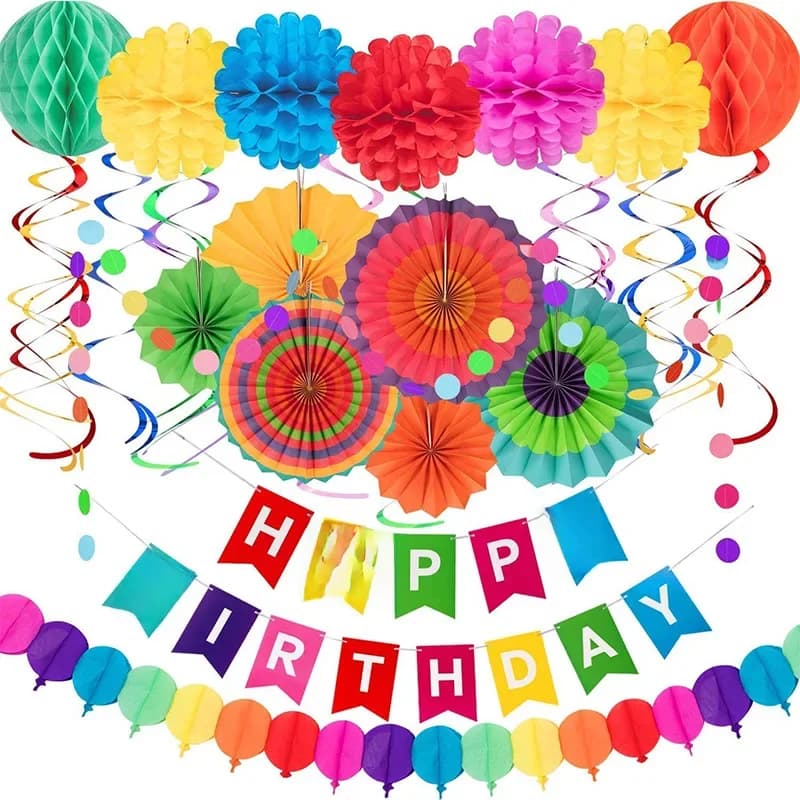 Décorations d'anniversaire 28 pièces, decoration anniversaire fille,éventails en papier suspendus, ficelle à pois, fleurs Pom Poms, décor de bannière joyeux anniversaire