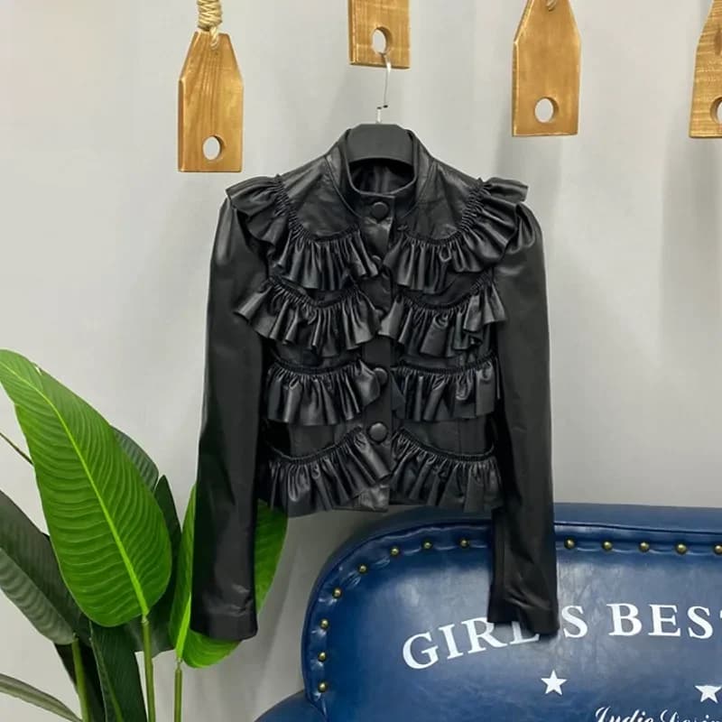 Col montant plissé volants court taille haute veste femmes en cuir véritable en peau de mouton recadrée manteau mode mince vestes S-3XL