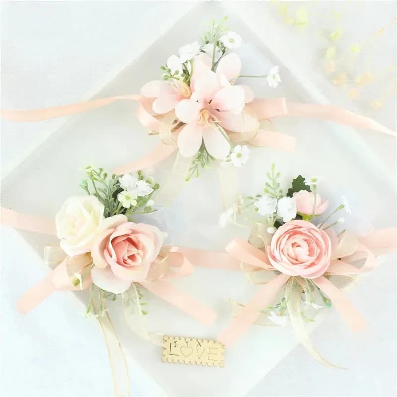 Bracelets de poignet floraux roses, rubans, roses, fleurs pour demoiselles d'honneur et marié, boutonnières de mariage, accessoires de bal de promo