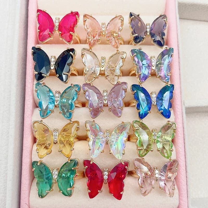 Kpop – bague papillon en cristal, 16 couleurs, mode populaire, bijoux de fête pour femmes, breloque réglable, cadeau meilleur ami, cadeau de mariage
