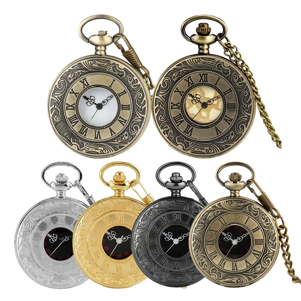 Steampunk Bronze/argent/noir/or chiffres romains couverture en Relief montres de poche à Quartz Fob chaîne collier pendentif horloge de poche