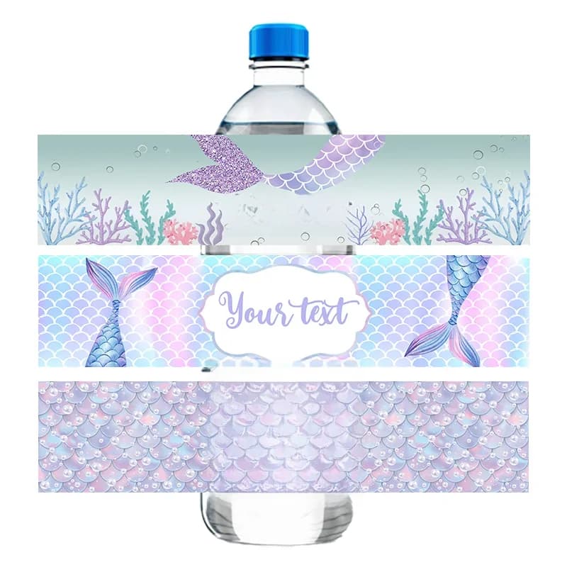 Enveloppes de bouteilles de fête sirène avec nom personnalisé, décor d'anniversaire, étiquette de bouteille d'eau, autocollants personnalisés, fête prénatale, baptême, cadeau de fête