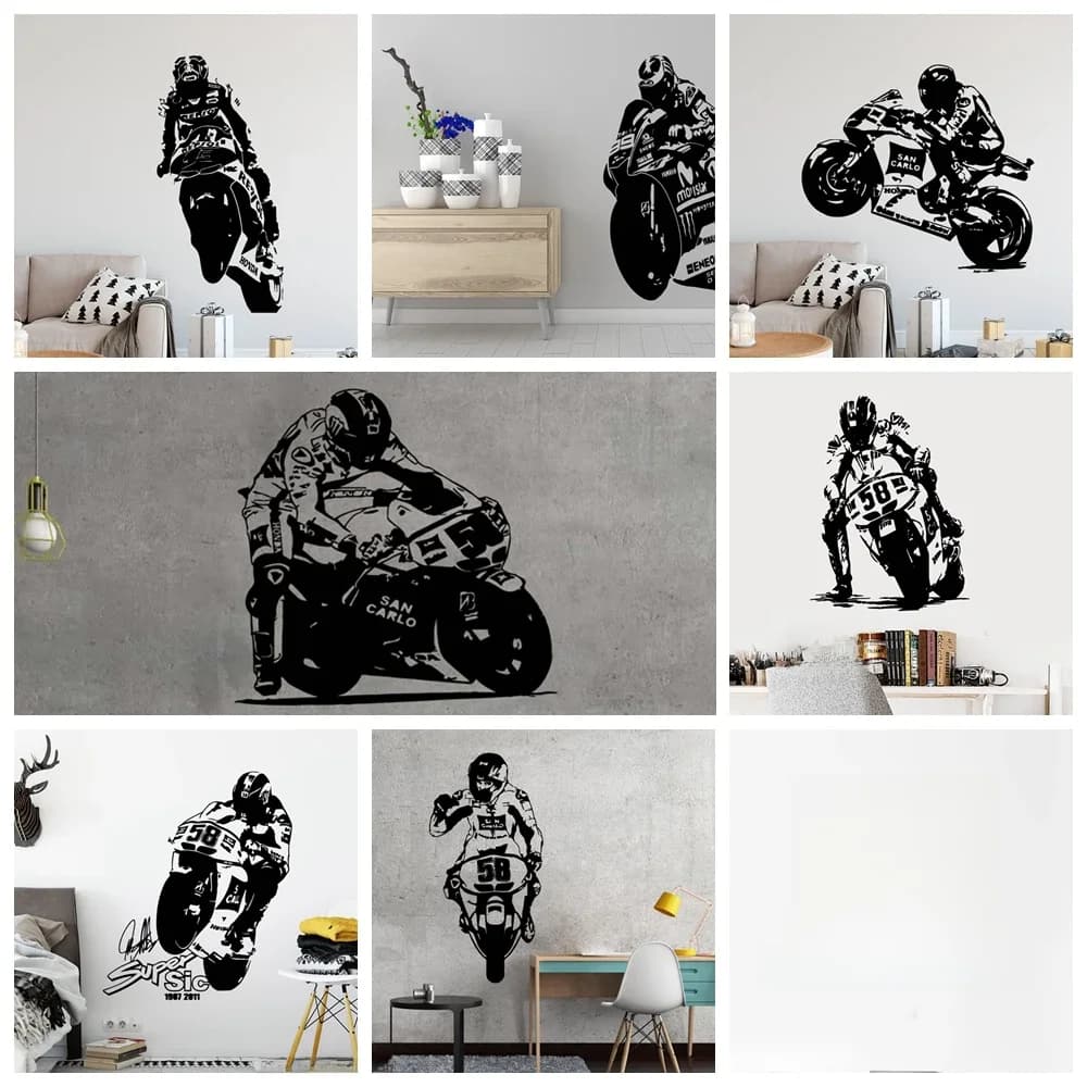 Grand autocollant mural de moto en vinyle, autocollant mural de conducteur de course GP pour garçons, chambre à coucher, Garage, salle de jeux, accessoires de décoration