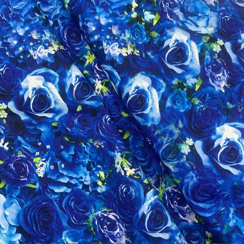 Beau tissu de fleurs de rose pour robe de bricolage, tissu 100% coton pour chemise, tissu d'impression de rose bleue, matériel de couture de patchwork, bébé