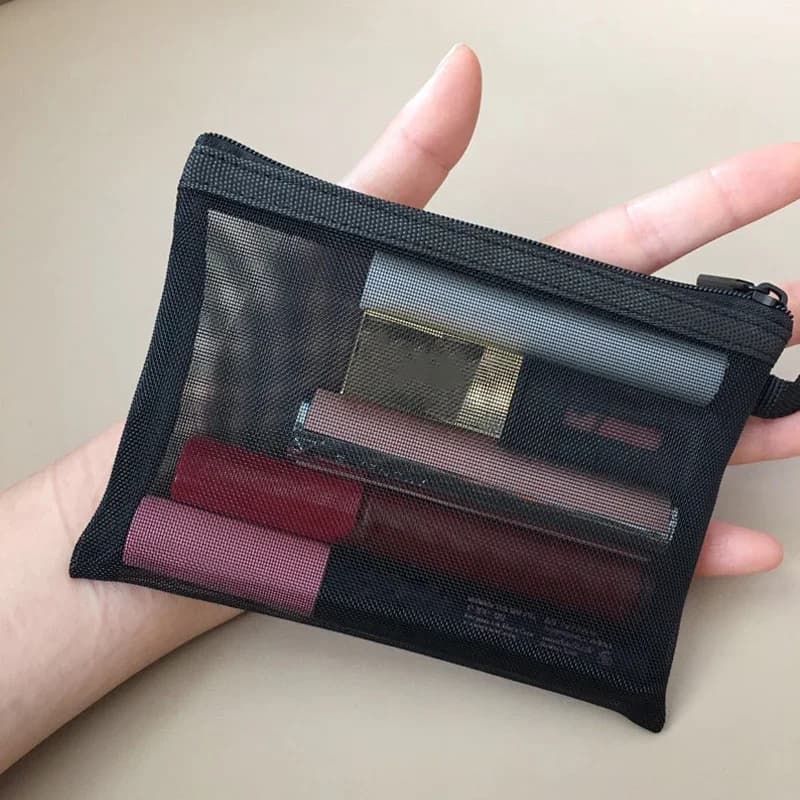 Trousse de maquillage en maille noire pour femmes et filles, sac à cosmétiques, lavage portable, rouge à lèvres, toilette, serviette hygiénique, sacs de rangement