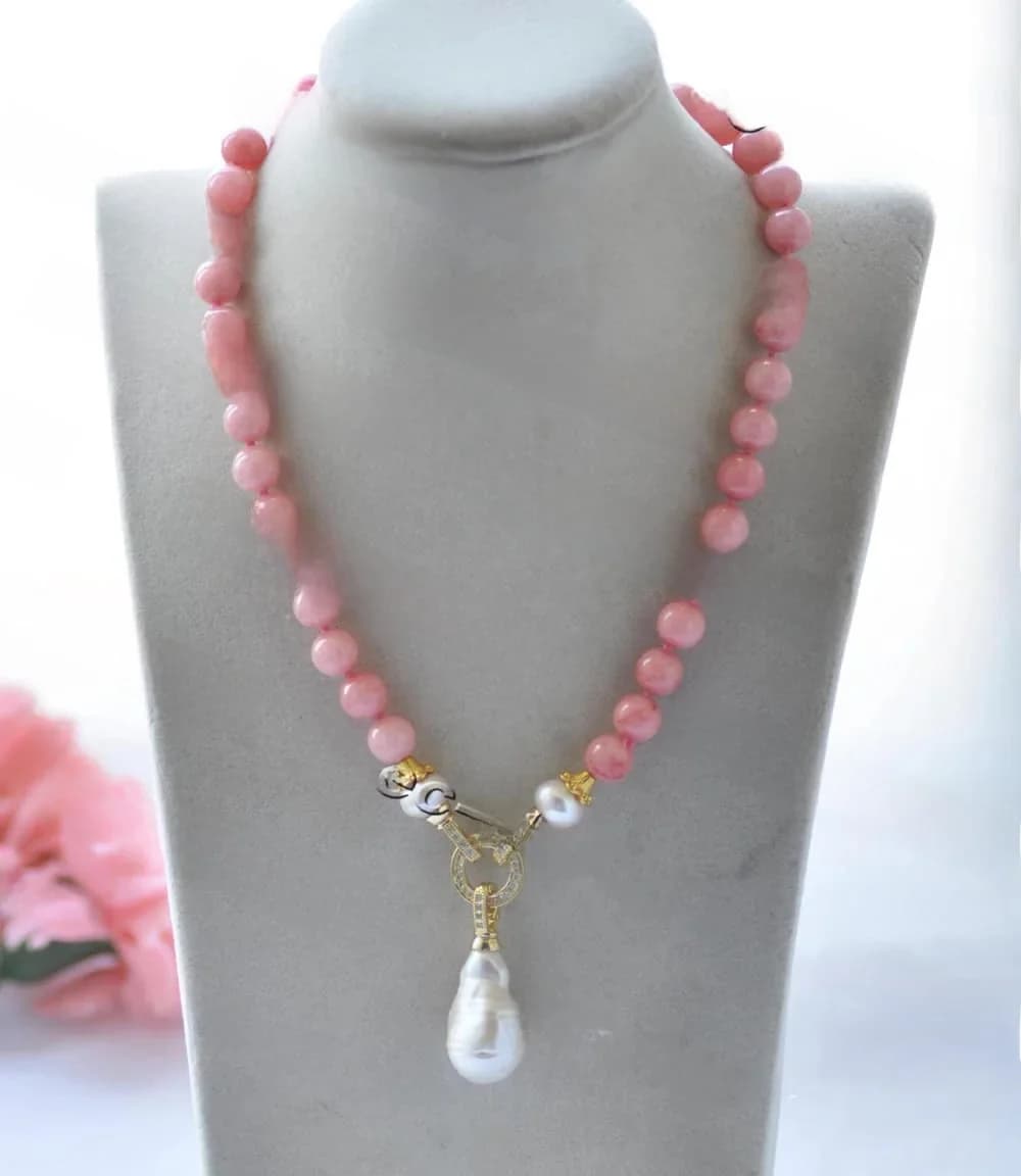 Collier Calcédoine Rond Rose, Perle Keshi Blanche, Pendentif CZ, Z11322, 19 ", 25mm