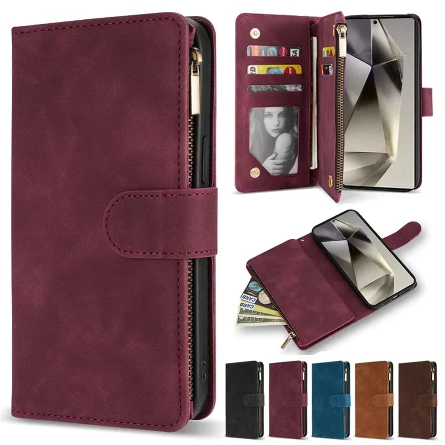 Étui portefeuille en cuir à fermeture éclair multi-cartes avec rabat magnétique pour Samsung Galaxy S26 S25 FE S24 Plus S23 S22 Ultra A16 A17 A36 A37 A56 A57