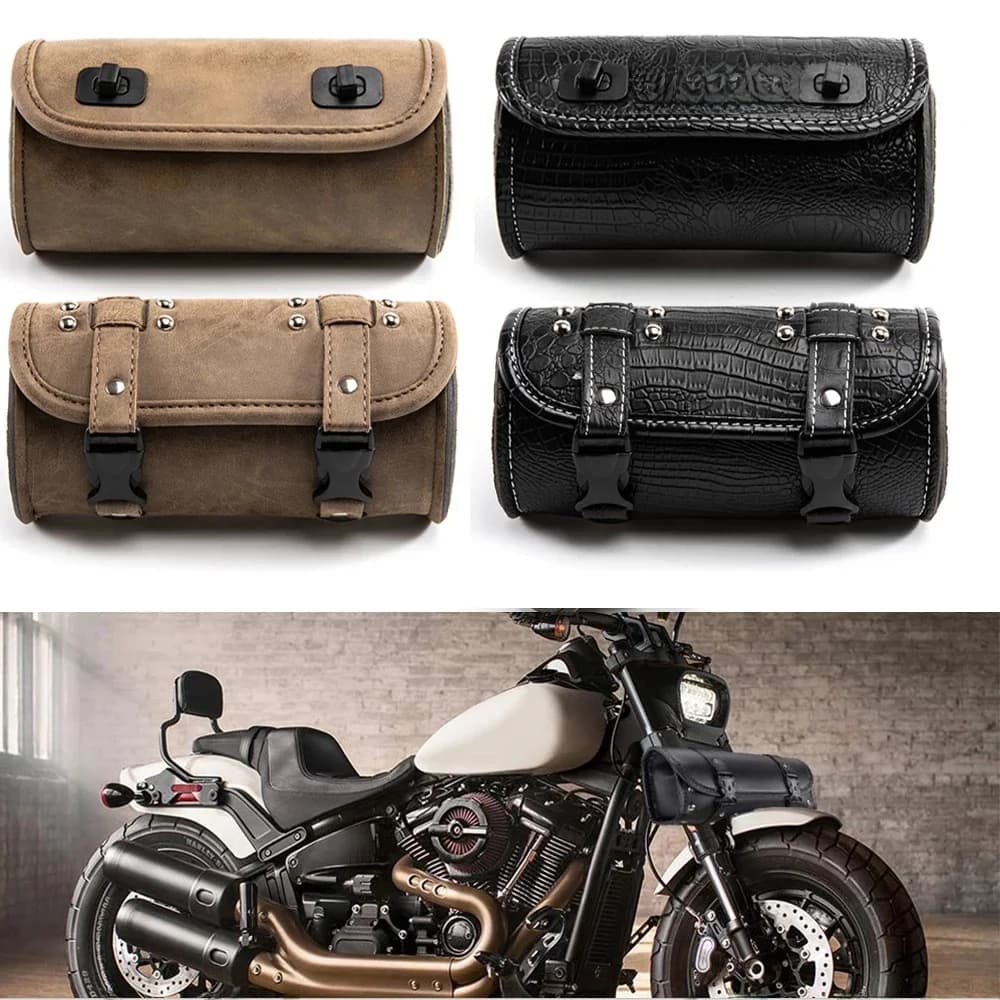 Pour Harley Sportster Chopper Bobber Cruiser Dyna Softail, sacoches de selle en cuir, sacs de bagages en PU, sacoche à outils pour fourche avant.