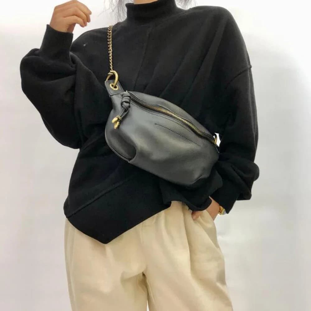 Sac de poitrine, sac banane et sacoche de selle 100% cuir de vachette naturel pour femme, en cuir véritable, avec fermeture éclair et pompon