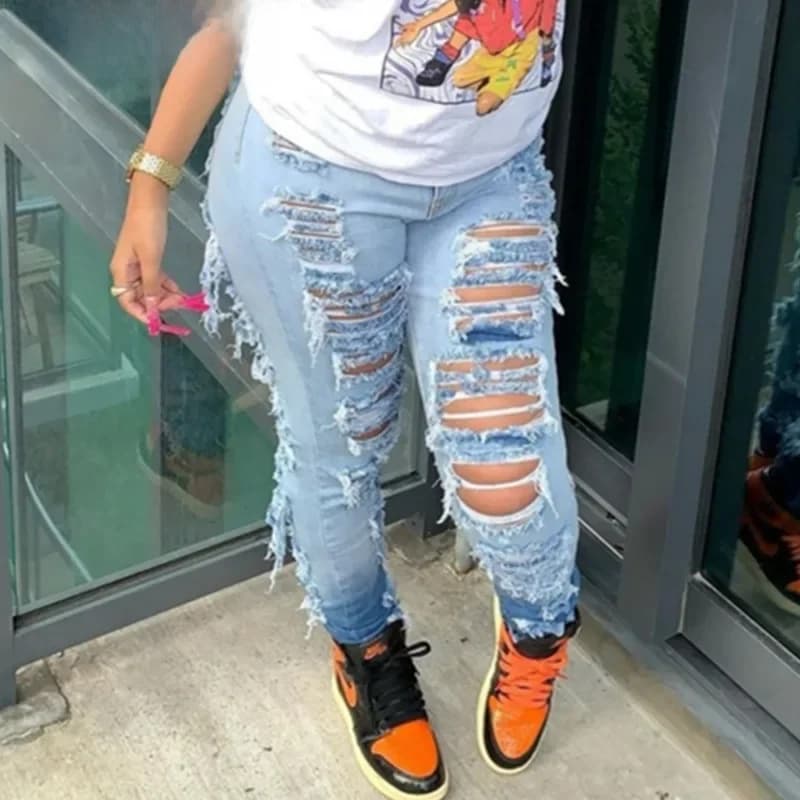 Jean déchiré à trous pour femmes, décontracté, sexy, taille haute, pantalon slim en denim, rétro, crayon, pompon, poches FjjPockets, nouvelle collection