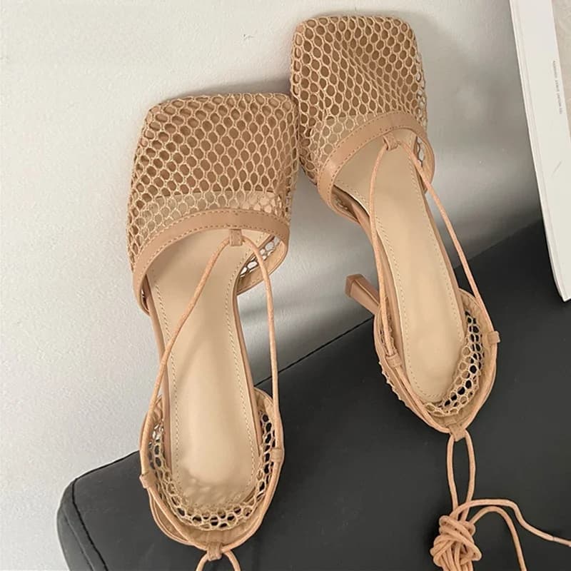 Eilyken-Escarpins décontractés en maille pour femmes, sandales à lacets à talons hauts, robe creuse Stiletto croisée, parka carrée, printemps