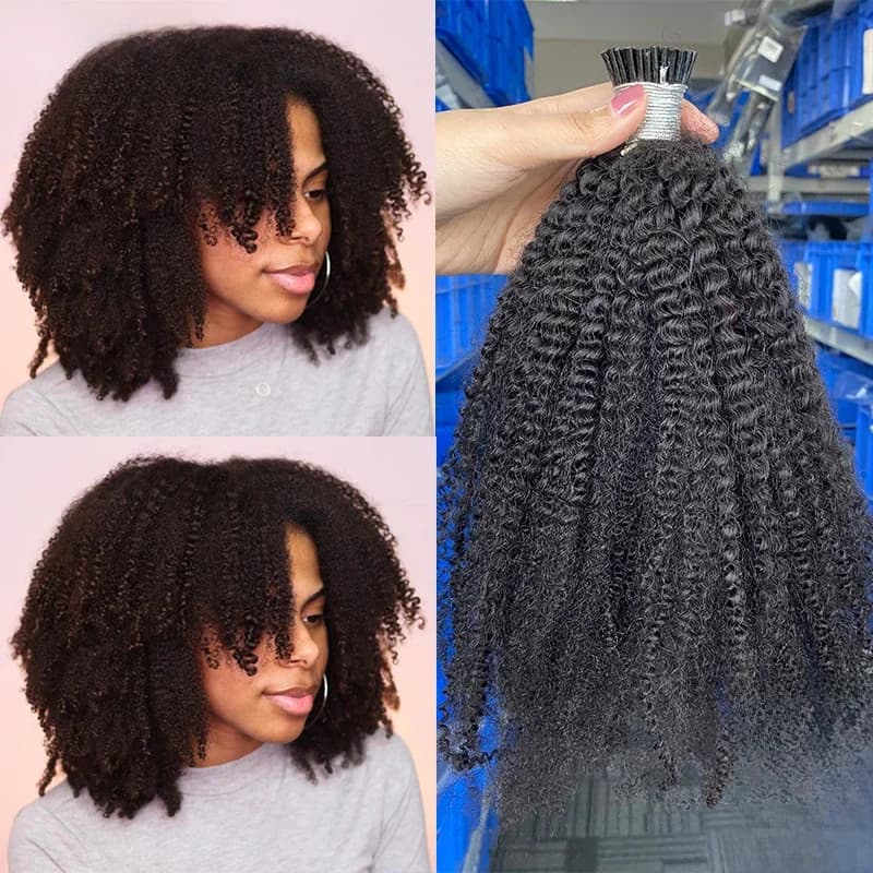 Extensions de Cheveux Humains pour Femme, Noir Naturel, Afro, Kinky, Curly, I Tip Microlinks, Mongole, 3 Bundles