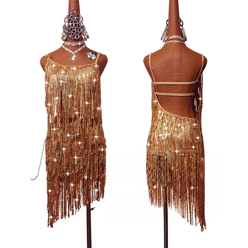 Robe de danse à paillettes pour adultes, concours de danse latine, personnalisée, dorée, dos nu, Sexy, nouvelle collection