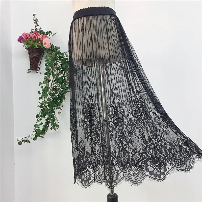 Jupe trapèze en maille de dentelle pour femme, jupon transparent, une couche, jupe mi-longue en tulle, jupon de plage rayé, noir et blanc