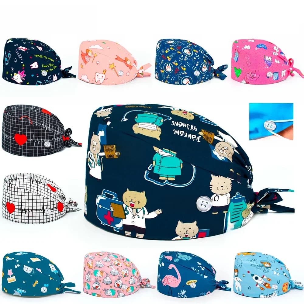 Masques d'animaux de compagnie impression avec bouton gommage casquettes chirurgie gommages chapeau chirurgical chapeau femmes et hommes salle d'opération chapeau casquette vétérinaire