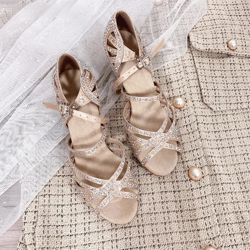 Chaussures de danse latine pour femmes, talons de 5 à 10CM, strass brillants en Satin, fond souple, pour salle de bal, Salsa, couleur noire et chair