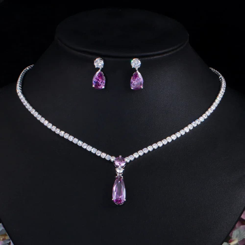 CWWZircons – ensemble de bijoux en zircone cubique rouge et violet pour femmes, ensemble de bijoux de fiançailles à la mode pour mariage, cadeau de demoiselle d'honneur T0751