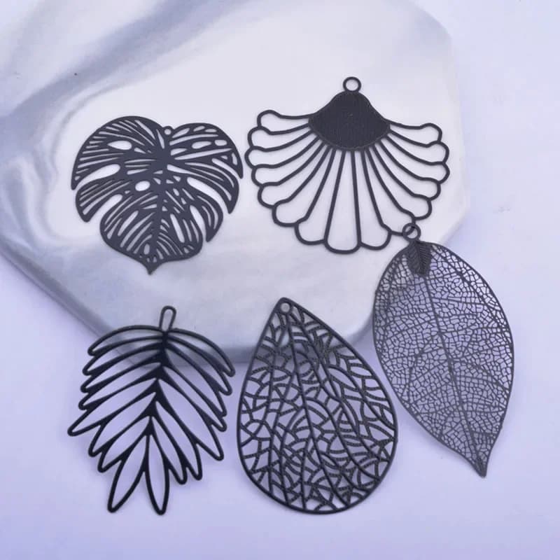 6 pièces bricolage fabrication boucle d'oreille noir grande feuille breloques résultats de bijoux