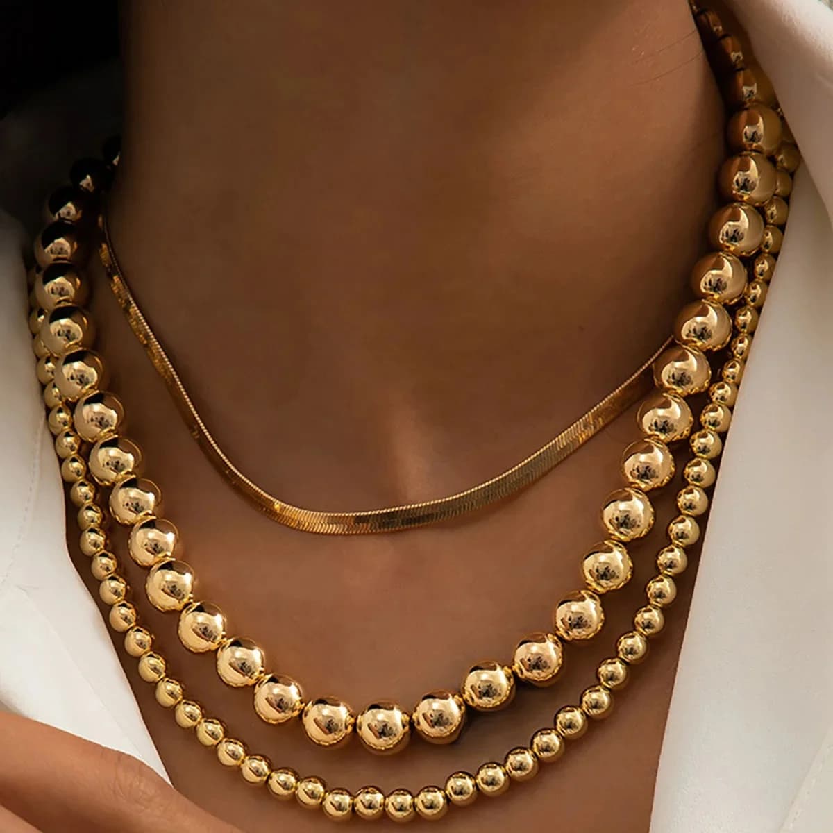 Colliers de perles en métal pour femmes, multicouche, plat, salle, JONecklace, vintage, acrylique, or, document, perlé, présidence, filles, fête, bijoux de mode
