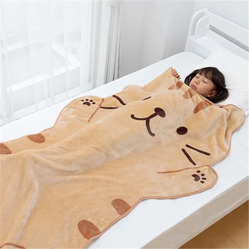 Couverture en flanelle de chat marron mignon de 1.5M, en forme d'animaux en peluche, climatiseur d'été, couvertures de sommeil, décoration de maison pour enfants, anniversaire de bébé