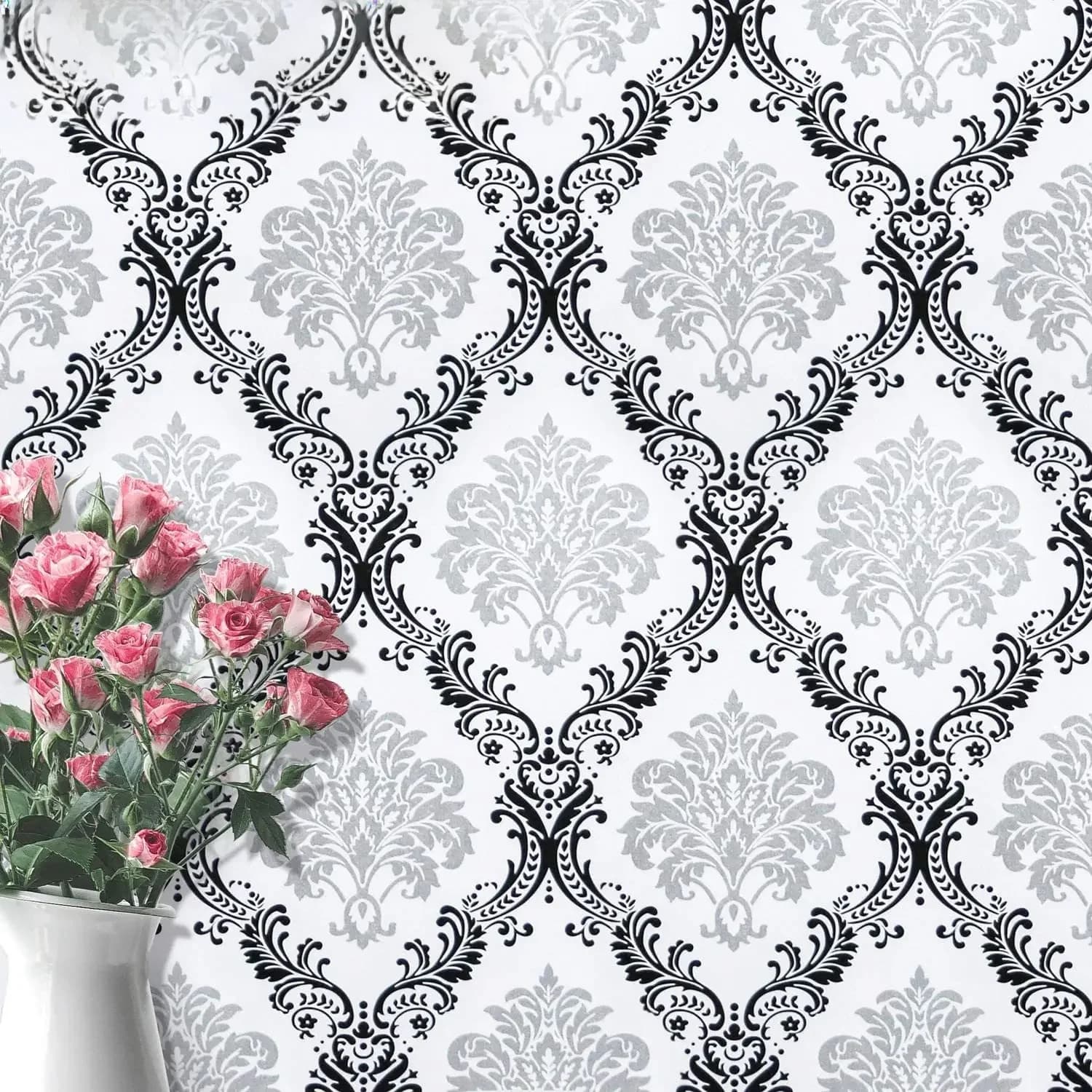 Papier peint autocollant fleur Damas, papier peint décoratif, peler et coller, blanc et noir, 5m