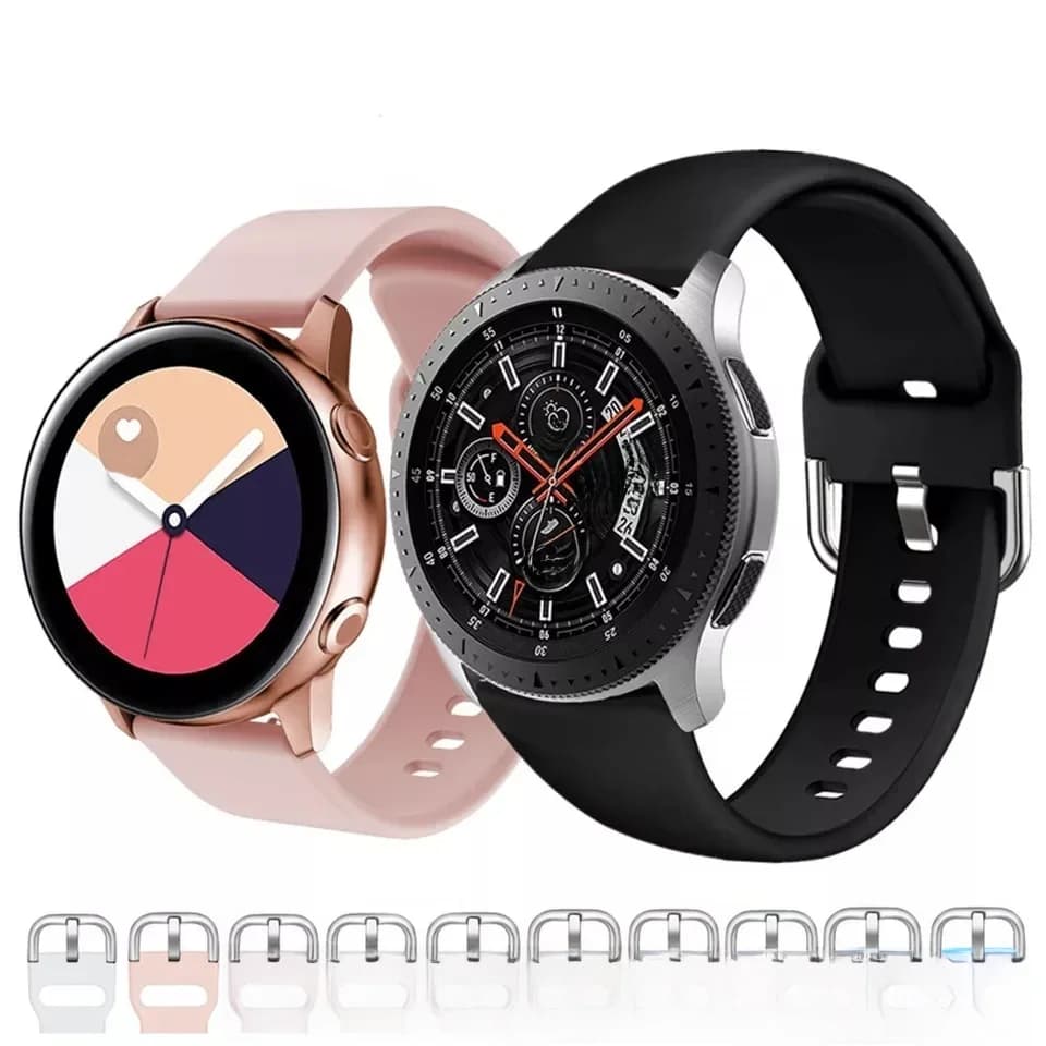 Bracelet en Silicone 22mm 20mm pour Samsung Galaxy watch 3 46mm/Active 2 42mm/Huawei watch GT GT2, boucle argentée pour Amazfit Bip