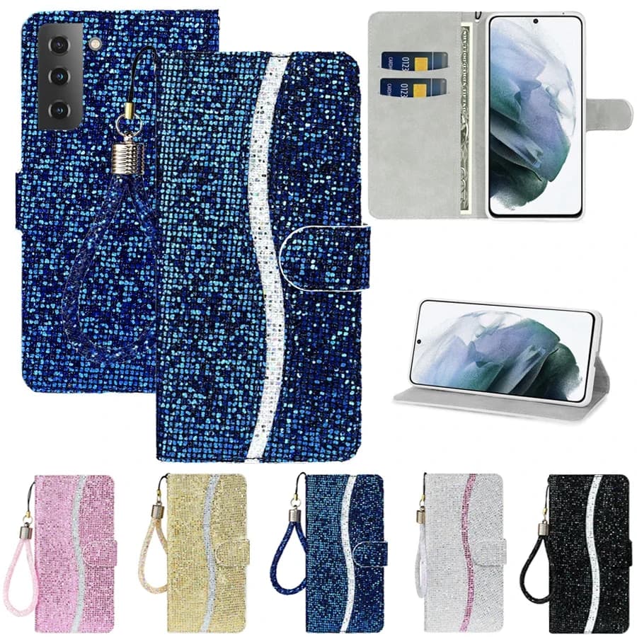 Étui portefeuille en cuir à paillettes pour Samsung Galaxy S26 Ultra S25 Plus S24 FE S23 Note20 A16 A17 A18 A27 A36 A37 A56 A57