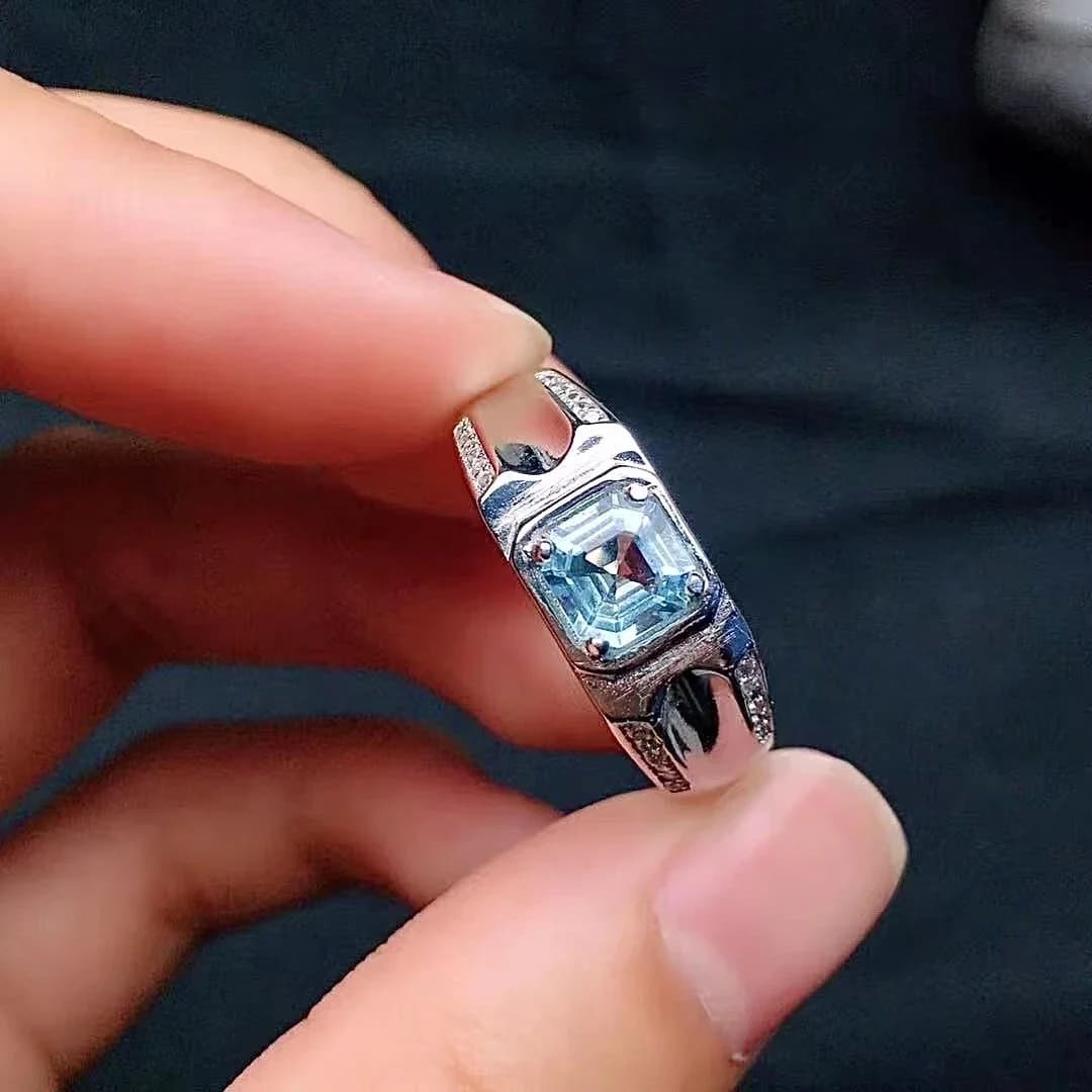 Bague en argent regardé 925 avec pierre précieuse pour homme, bague en aigue-marine naturelle, bijoux à la mode, cadeau pour petit ami, 6mm