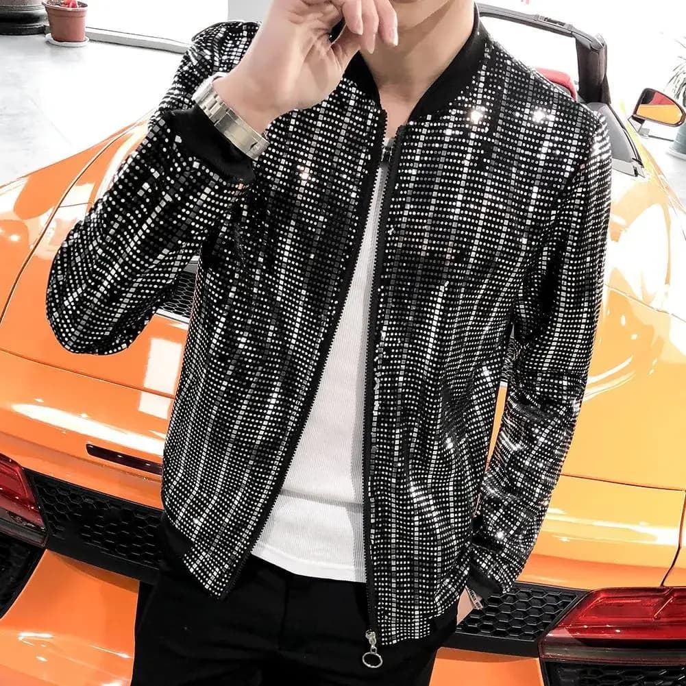 Blouson Bombardier à Paillettes Brillantes pour Homme, Manteau à Manches sulf, Fermeture Éclair, Hip Hop, Boîte de Nuit, Scène, Streetwear
