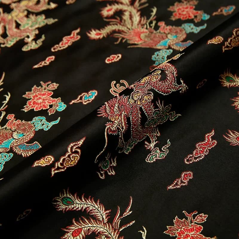 Tissu jacquard brodé au mètre, 500x75cm, étoffe pour confection de vêtements, motifs dragon, noir et rouge, couture