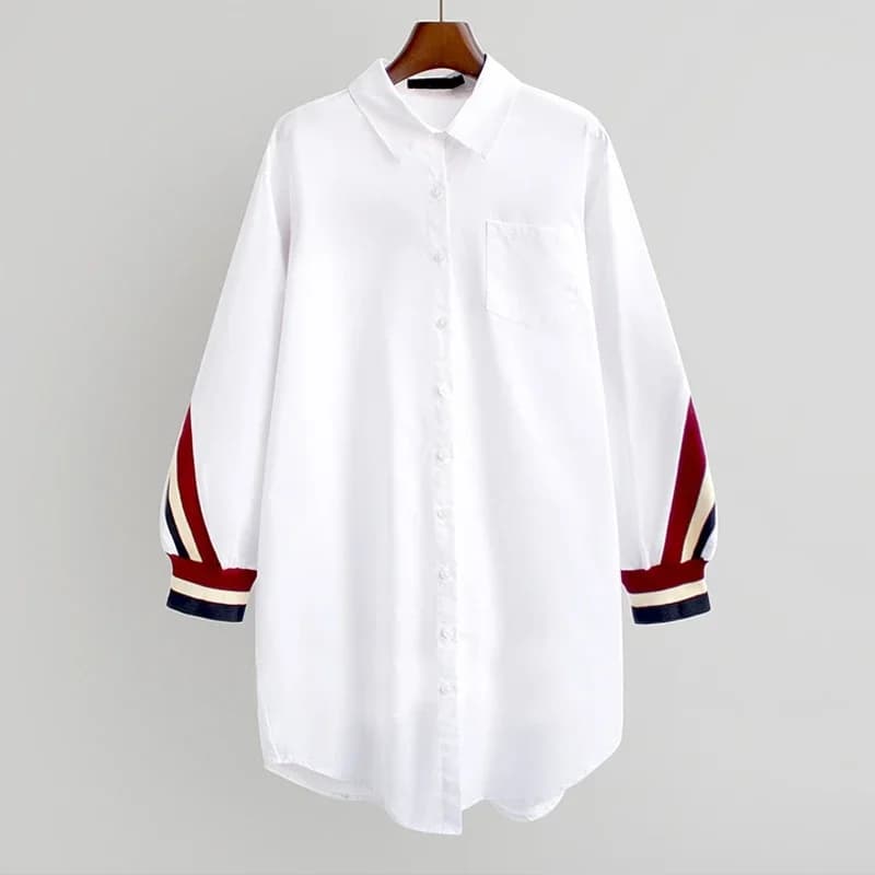OUMENGKA 2024 blanc ample boutonné rayure bandes chemises femmes Blouses col rabattu tissé à manches longues dames hauts