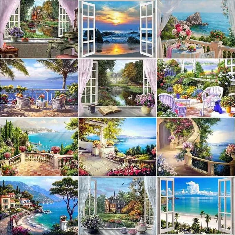 RUOPOTY-Peinture diamant 5D à faire soi-même, paysage carré complet, fenêtre, broderie, point de croix, kit de mosaïque de mer, décoration d'intérieur