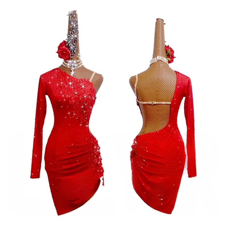 Nouvelle robe de danse latine, robe de concours, robe de spectacle, robe de danse brodée rouge personnalisée pour adulte