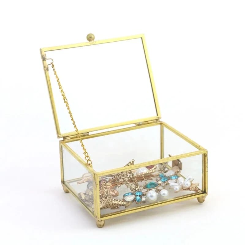 Boîte à matiques rectangulaire en verre doré transparent rétro, bijoux géométriques de mariage, boîte décorative pour l'évaluation à la maison, bibelot de rangement