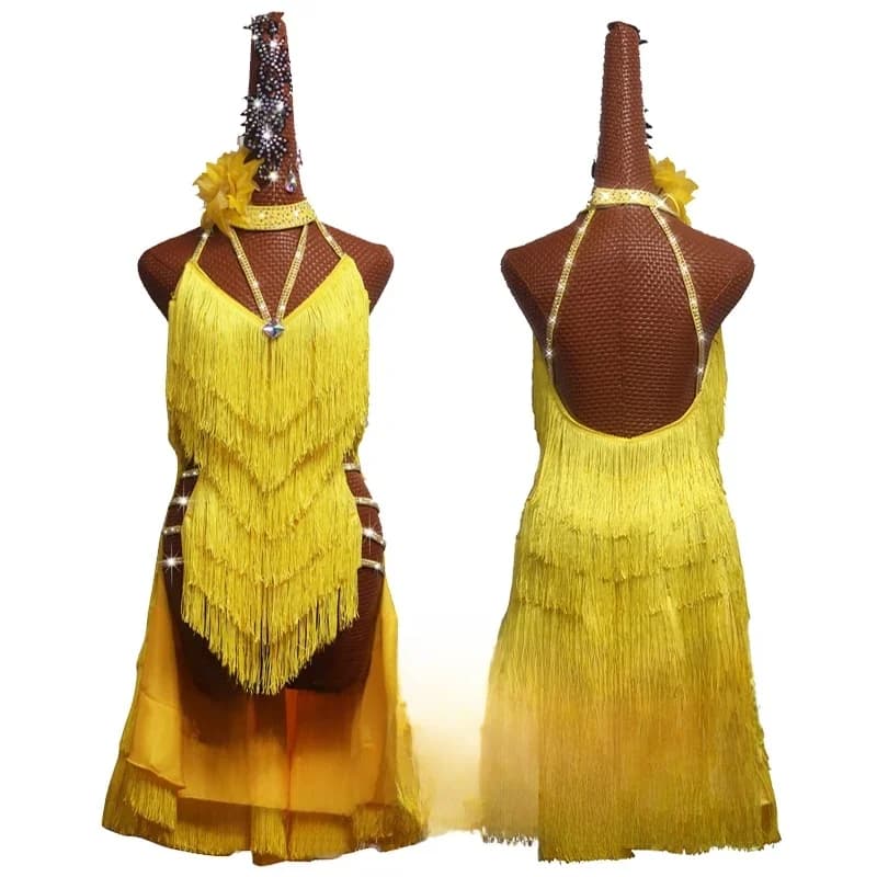 Robe de compétition de danse latine pour adultes, costume de performance, robe d'entraînement personnalisée, pompon jaune, dos nu, sexy