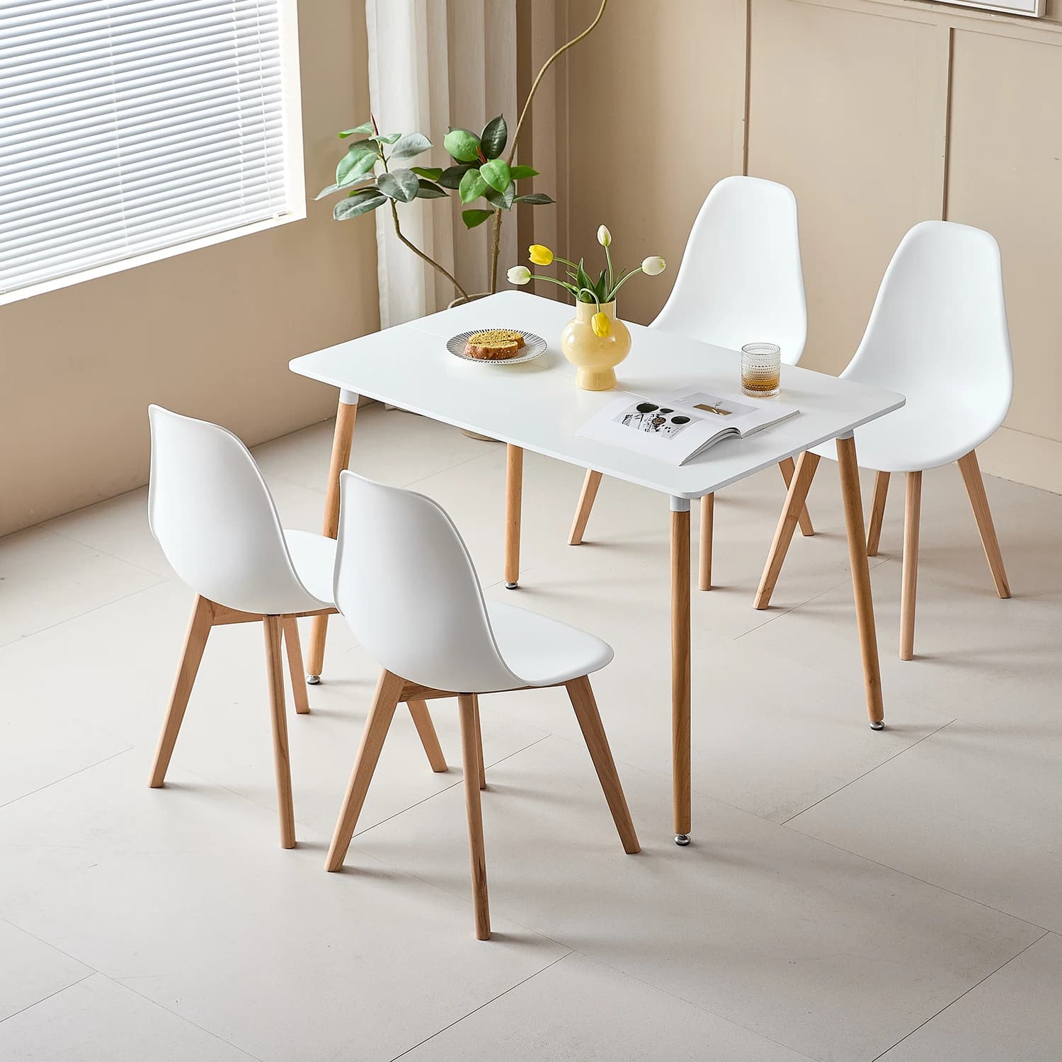 Ensemble de table à manger rectangulaire blanche EGOONM, 4 pièces, chaises de salle à manger nordiques médiévales avec pieds en bois massif pour la cuisine, la salle à manger