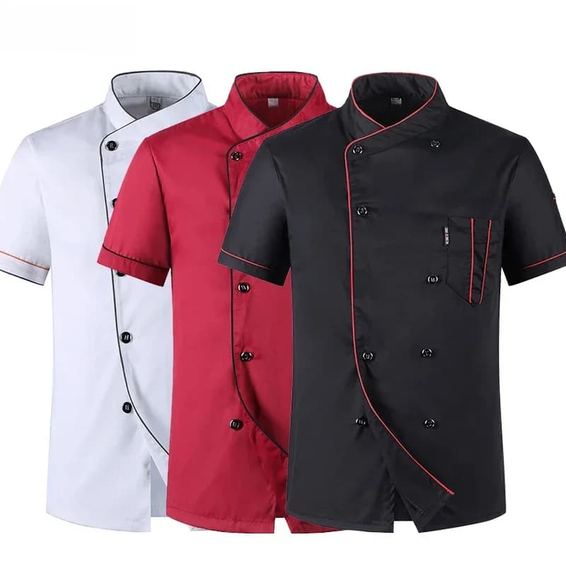 Uniformes de travail de cuisine de Chef de Restaurant à manches courtes, Double boutonnage, Sushi boulangerie café serveur restauration vestes de Service alimentaire tabliers